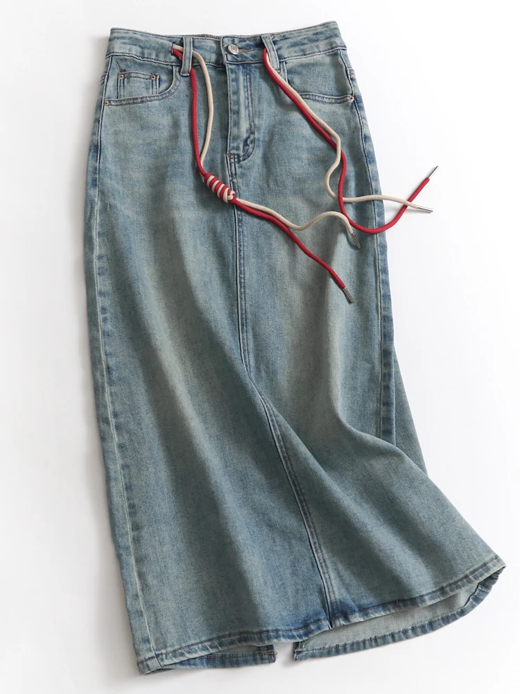 High Waist A-Line  Skirt with Drawstring Denim Half-length Women's Spring Summer Vintage Straight Cut One Step Skirt