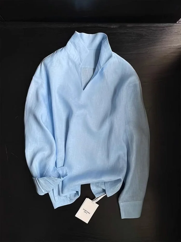 

Light Blue Linen Silk Men's irt Summer Lightweight Breathable V-Ne Slim Fit Long Sve Casual Faionable Top