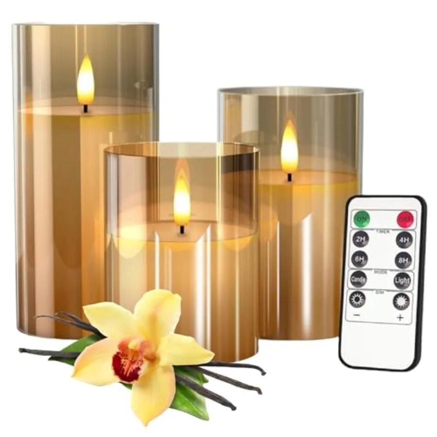 

Vanilla Scented Glass Wax Flameless LED Candles with Remote and TimerBattery Operated Pillar Flickering Light Safe for Home Spa
