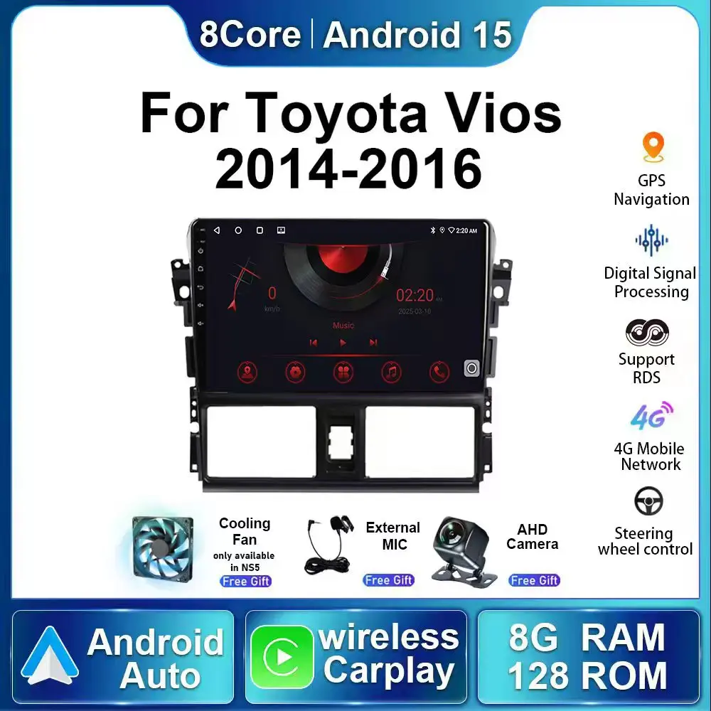 

8 + 128G Android 15 автомобильный радиоприемник для Toyota Vios 2014 2015 2016 мультимедийный плеер стерео авто беспроводной Carplay NavigatorGPS