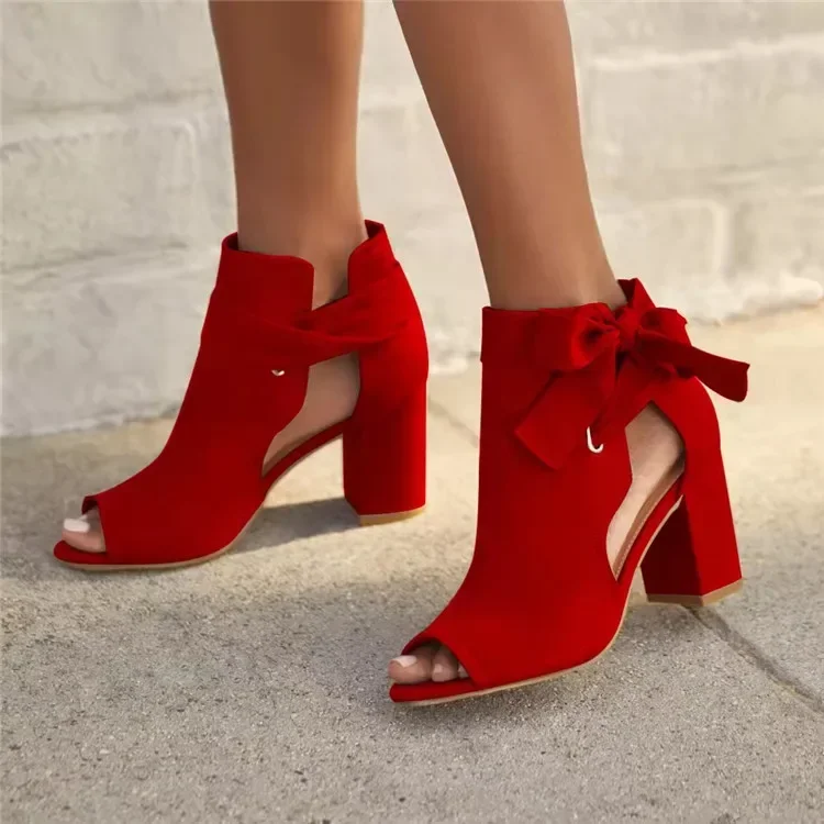 Women Chunky High-heeled Pumps 2024 ummer Cloth Side Empty Knotbow Black Red Sandals Casual Peep Toe