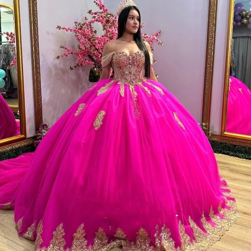 Luxury Rose Red Quinceanera Dresses For 16 Girl Gold Appliques Beading Princess Ball Gowns Birthday Prom Dress vestidos de 15