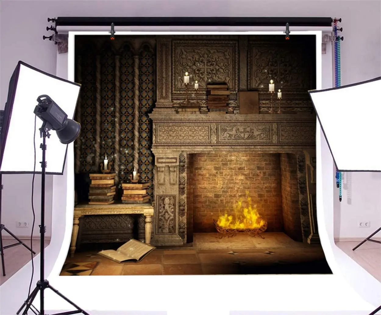 

Fantasy Room Interior Photography Backdrop Flame And Fireplace Magical Books Candle Retro House Banner Background