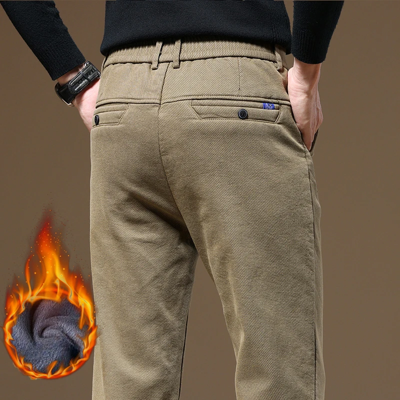 

New Men's Fleece Warm Casual Pants Winter Cotton Business Office Thick vintage Casual Trousers Slim Fit Formal Wear wash Pants