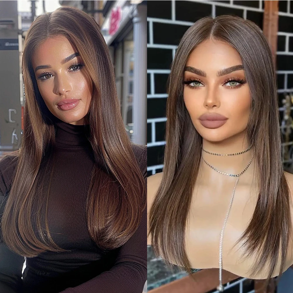 

13x4 Lace Front Wigs Dark Brown Synthetic Straight Wig for Women Layered Daily Wig Heat Resistant Synthetic Brunette Mixed Wigs