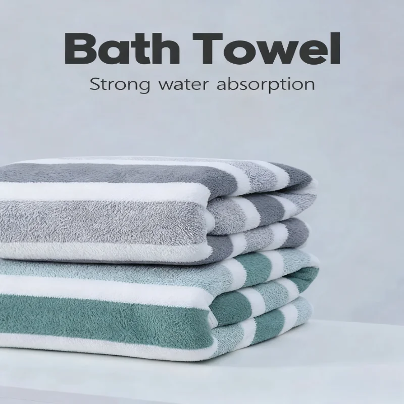 Striped Coral‑Fleece Bath Towel 70x140cm Ultra‑Soft Thick Super‑Absorbent Quick‑Dry Lint‑Free Adult Home Spa Hotel Gym