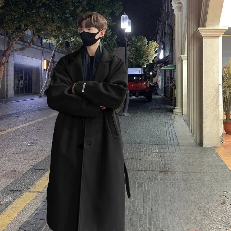 

Men's Winter Overcoat Thickened Korean Woolen Coat British Inspired Trench Style Ins Style Over Knee Warmth