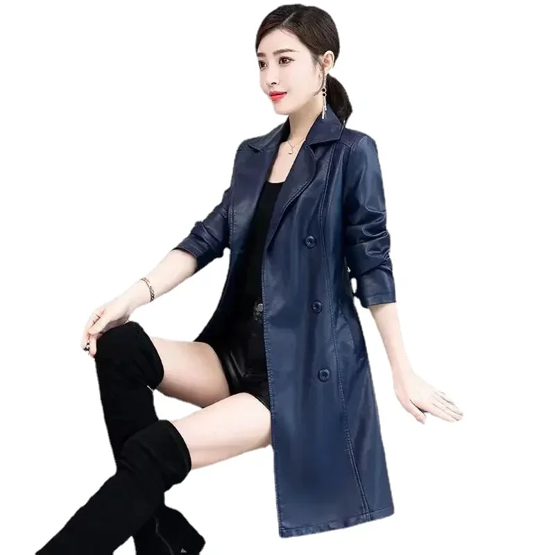 2026 Fall Women Compound Lambskin PU Leather Trench Coat, Free Wash Long Faux Fur Streetwear Jacket