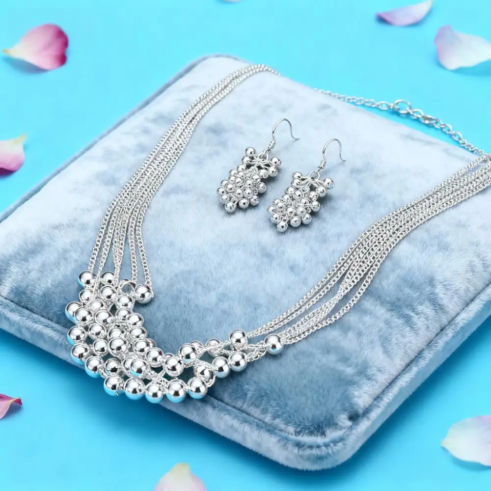 

New 925 Sterling Silver Nice Multi-Line Tassel Beads Necklace Earrings For Woman Fashion Party Wedding Holiday Gift Jewelry Sets