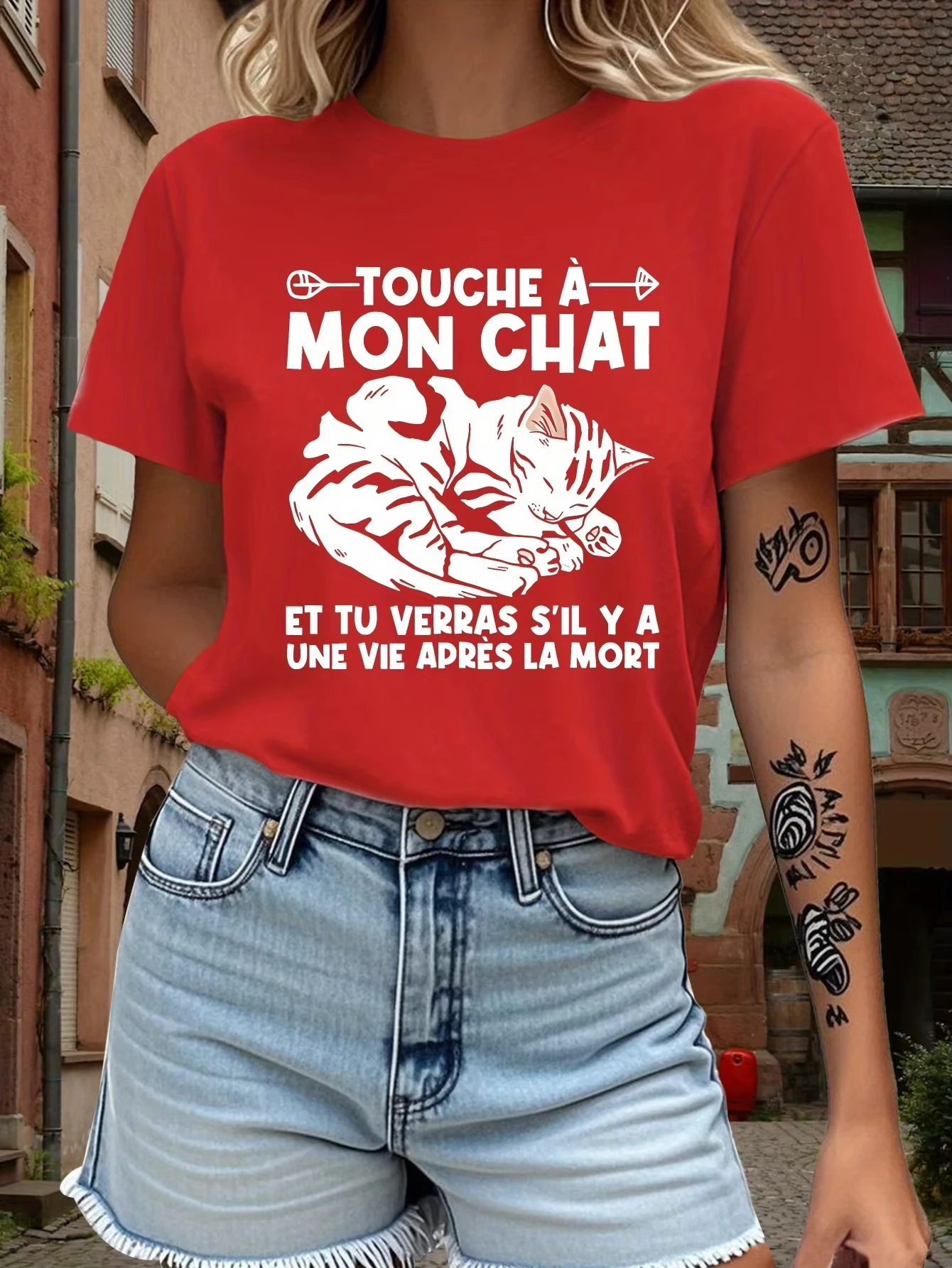 

Женская забавная футболка с французским юмором Teediy — «Touch A Mon Chat» для любителей кошек, летние уличные футболки в стиле Харадзюку с короткими рукавами