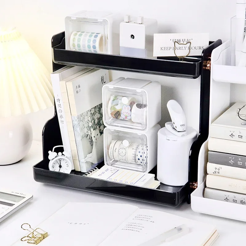 

Настольный двухслойный стеллаж для хранения, пластиковый офисный ящик для хранения канцелярских и косметики, органайзер для кухни, ванной комнаты, держатель, полка