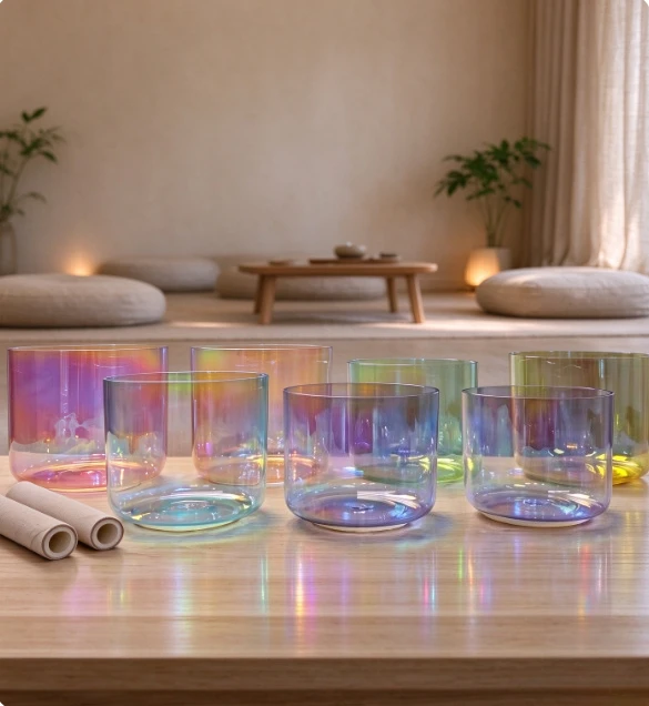 7Pcs Colored Alchemy Crystal Singing Bowls Set 5.25-6.75 Inch 7 Chakra Quartz Singing Bowl with Mallets