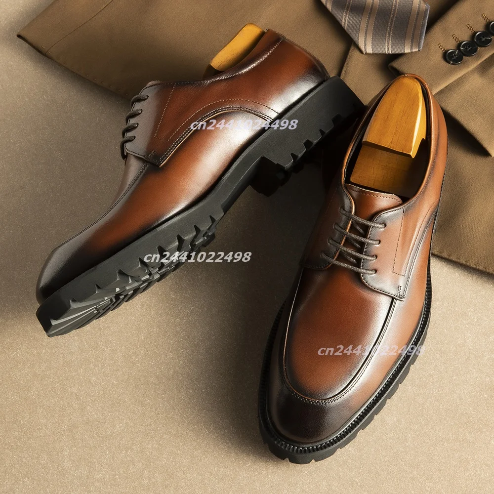 Chunky Thick Sole Burnished Brown Faux Leather Men Dress Shoes, Round Toe Lace up Formal Dress Oxford Footwear for Daily Walking