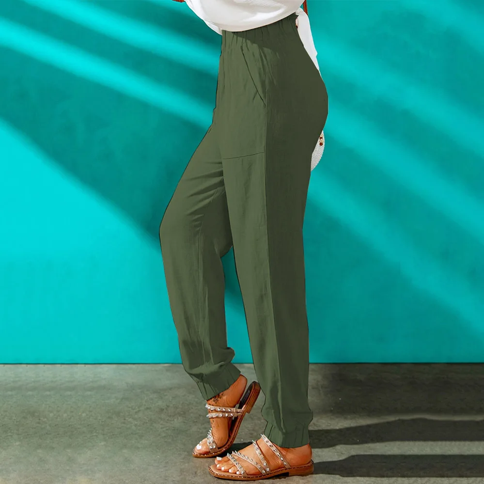 Pantaloni Casual primaverili da donna transfrontalieri pantaloni lunghi a vita alta con cintura elastica europea e americana con bordo arricciato