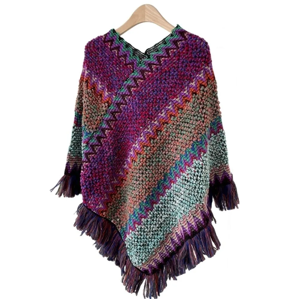 

Knitted Ethnic Style Knitted Shawl Bohemia Warm Large Shawl Outerwear Neck Wrap Scarves Autumn and Winter Tassel Cape