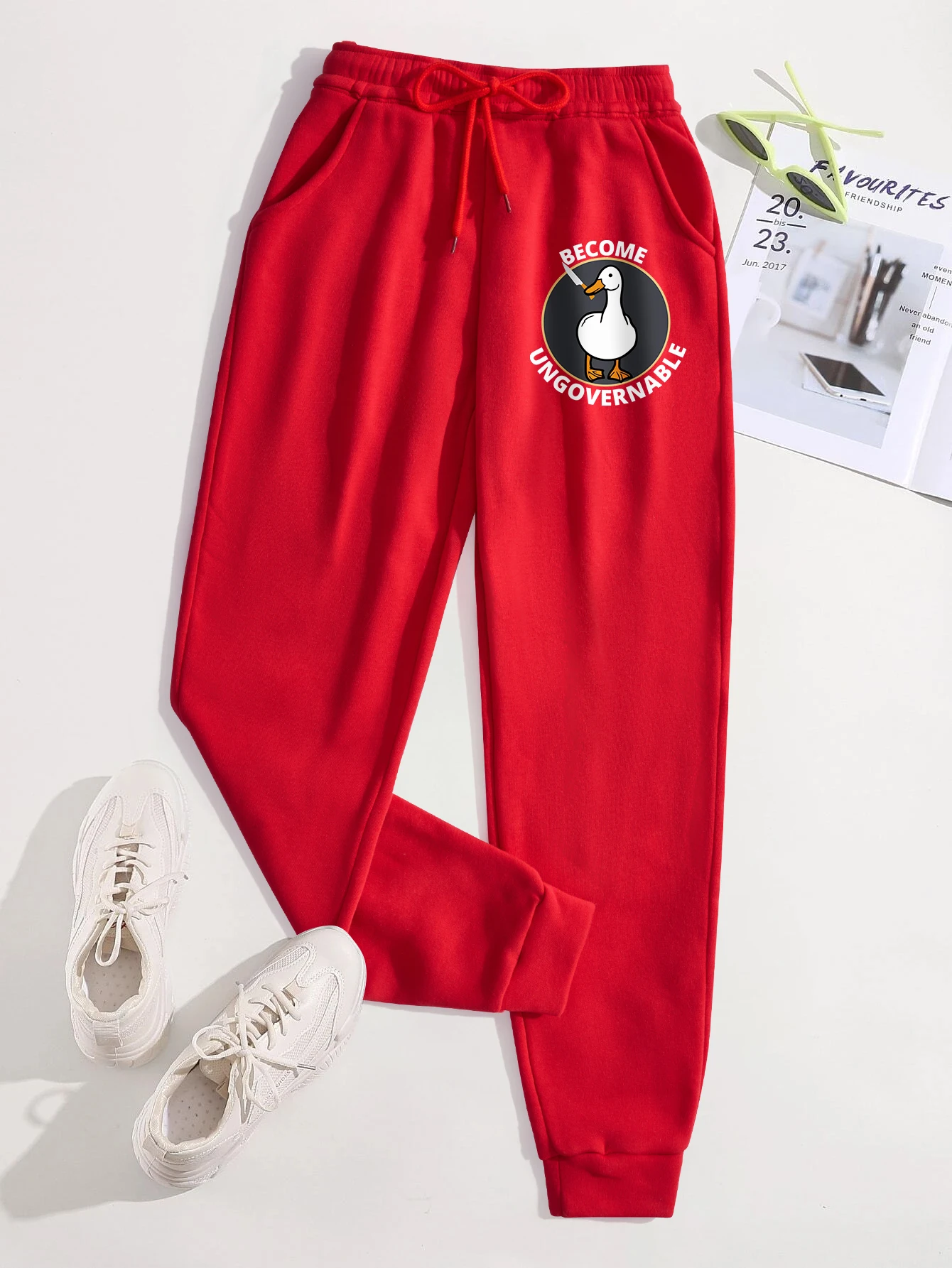 The Little Duck Holding A Knife Women'S Autumn Casual Basic Pant Versatile Pocket Fashion Trousers Trendy Street Pants Female