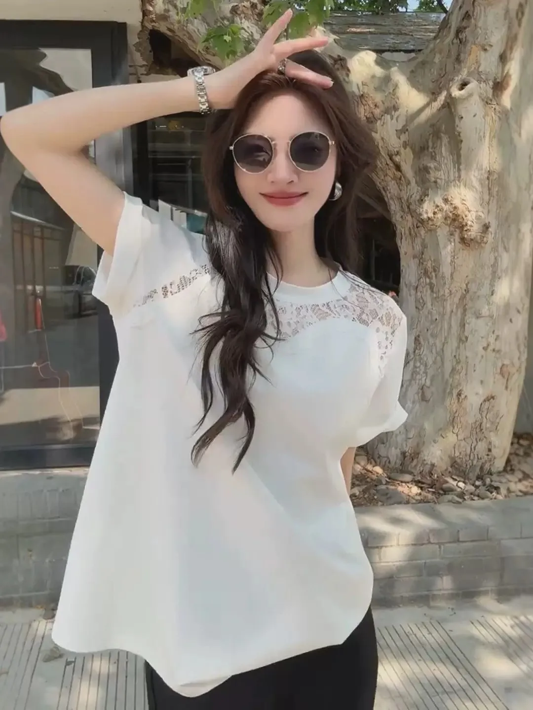 

EXJR2026 Summer Light Maturity Style White Lace Splicing round Neck Short Sleeve T-Shirt Versatile Top for Women Cotton Blend