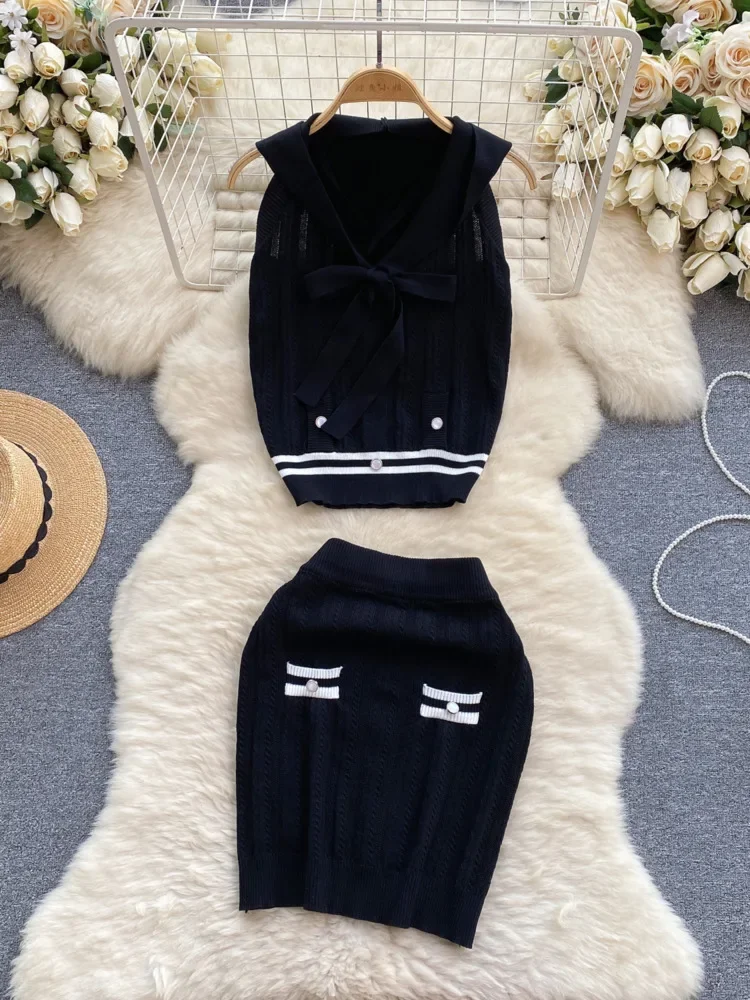 Summer Small Fragrant Knitted Two Piece Set For Women Hooded Crop Top Knitwear + Mini Skirt Suits Casual Sweater 2 Piece Outfits