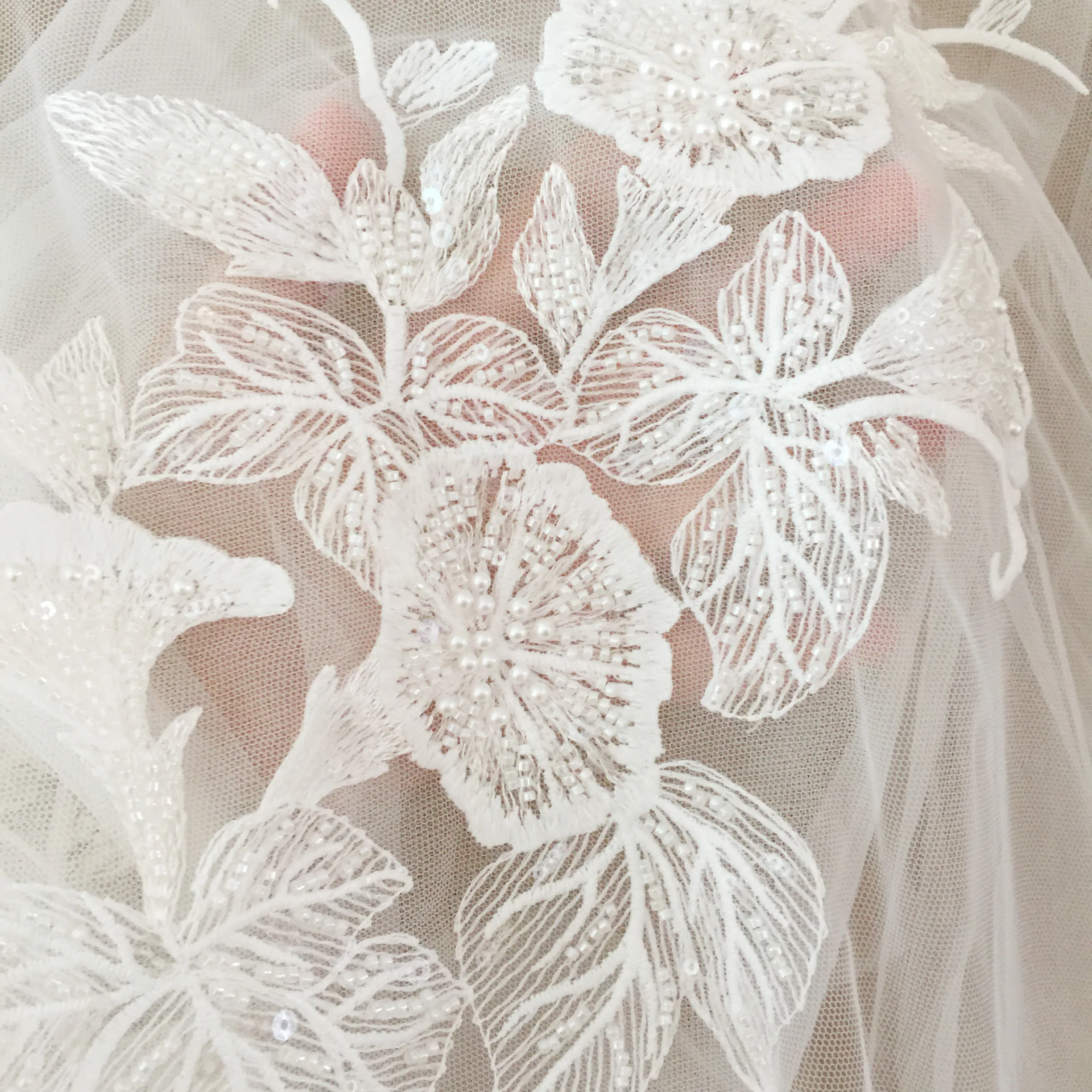 1 Yard 3D Pearl Beaded Flower Leaf Tulle Lace Fabric ,Couture Wedding Dress Bridal Lace Fabric by Yard