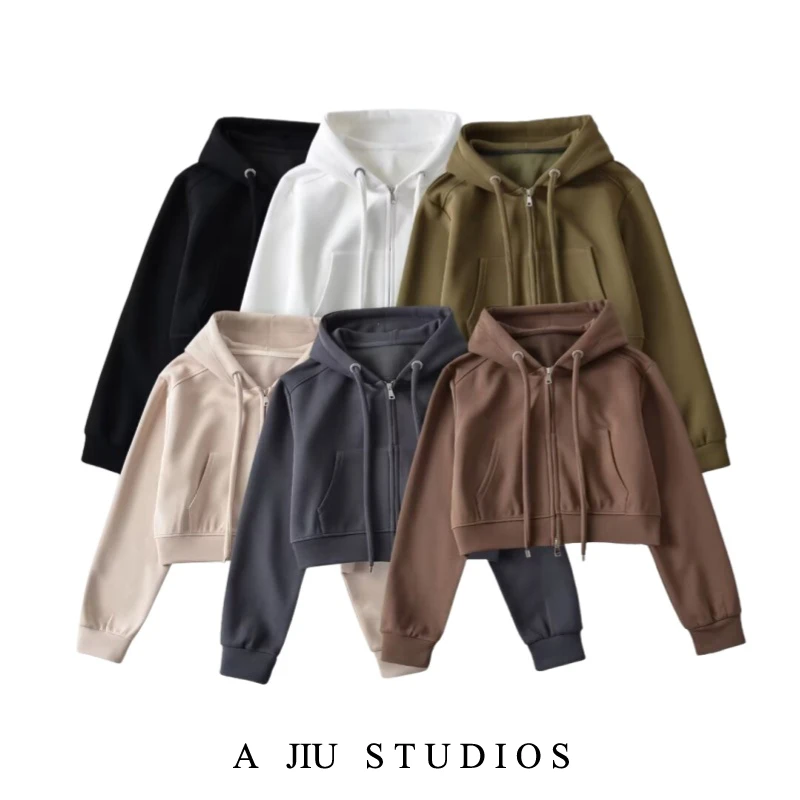 

Street Style Short American Hoodie Women's Spring Autumn Loose Air Layer Zipper Hooded Sweatshirt Jacket with Pocket