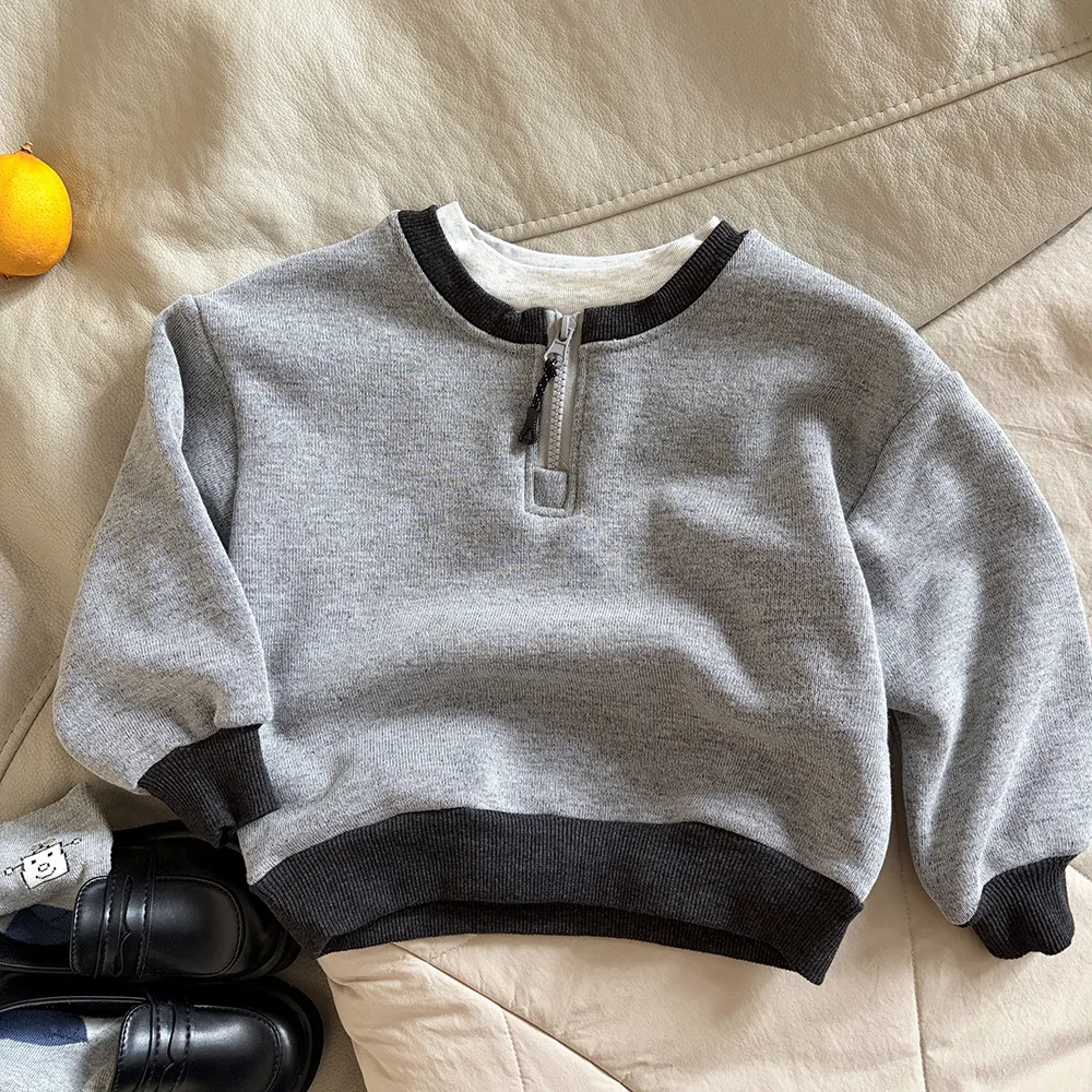 Kids Fleece Lined Sweatshirt Faux Layer Pullover Korean Style Boys Girls Winter Top New Season