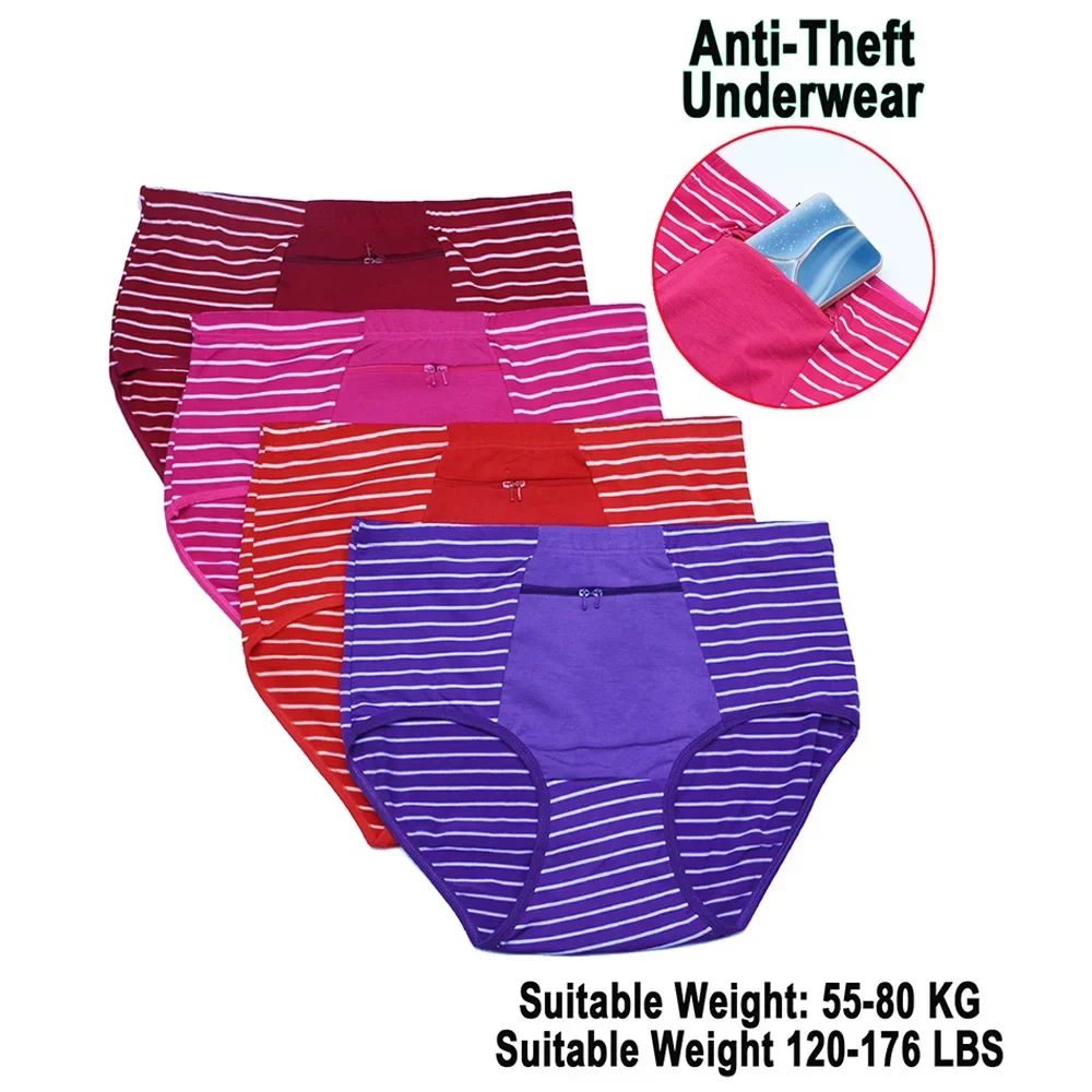 4pc Women'S Briefs Zipper Pocket Anti-Theft Briefs Cotton Comfort Antibacterial Stripe Pocket Mommy Plus Size Panties Underwear