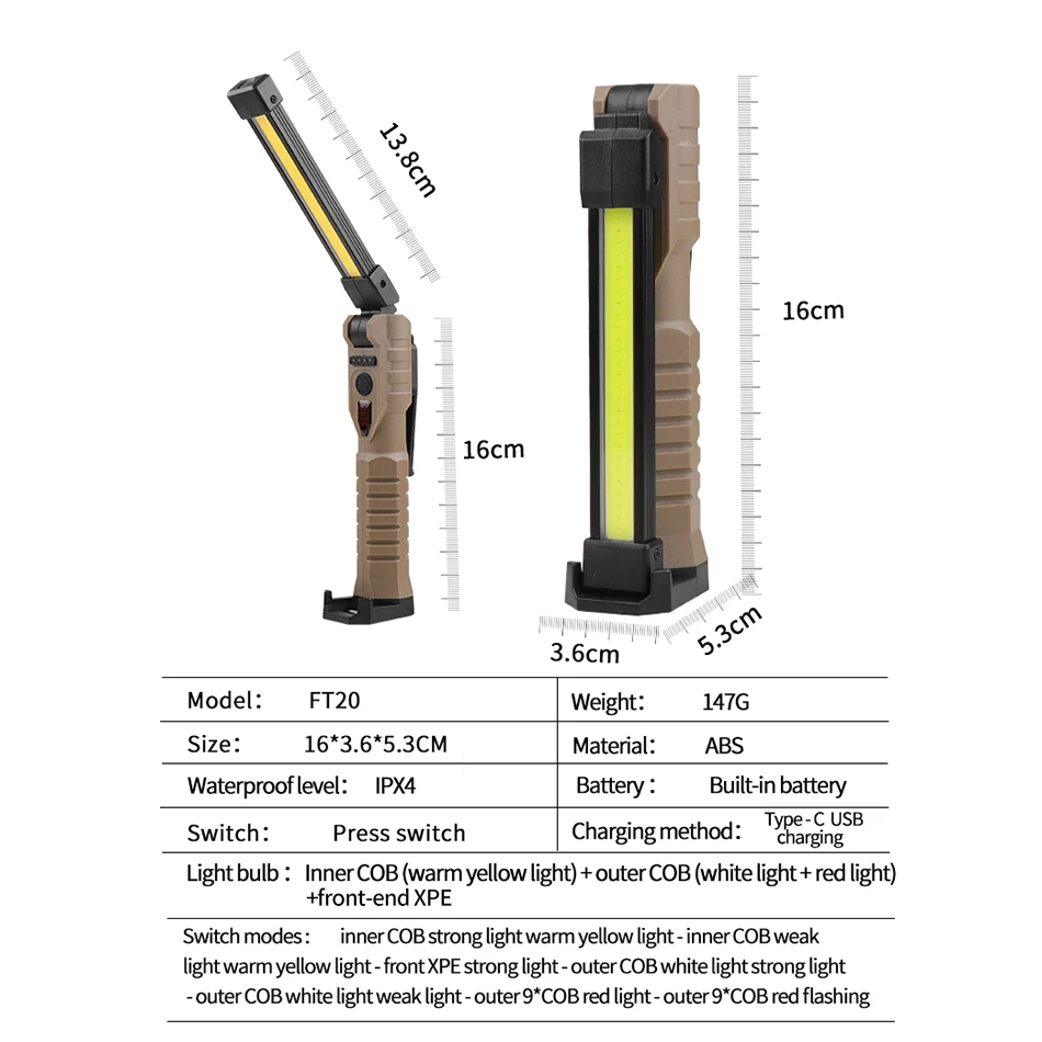 Luz de trabajo LED COB plegable, linterna de inspección magnética portátil, recargable por USB, para acampar al aire libre, reparación de automóviles