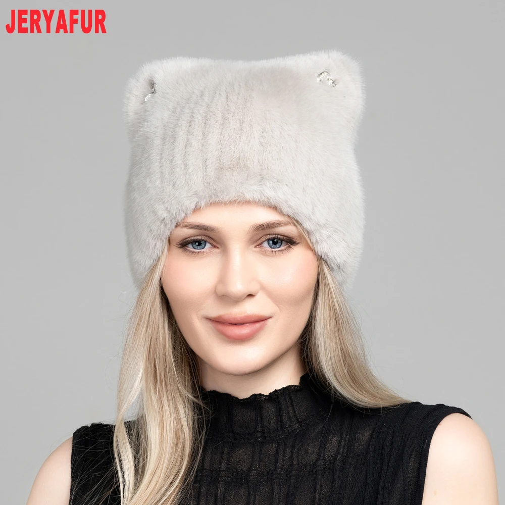 Women White Faux Fur Beanie Hat, Cute Cat Ears with Rhinestone Decor, Warm Fluffy Winter Cap, 55‑60cm Head Circumference view 3