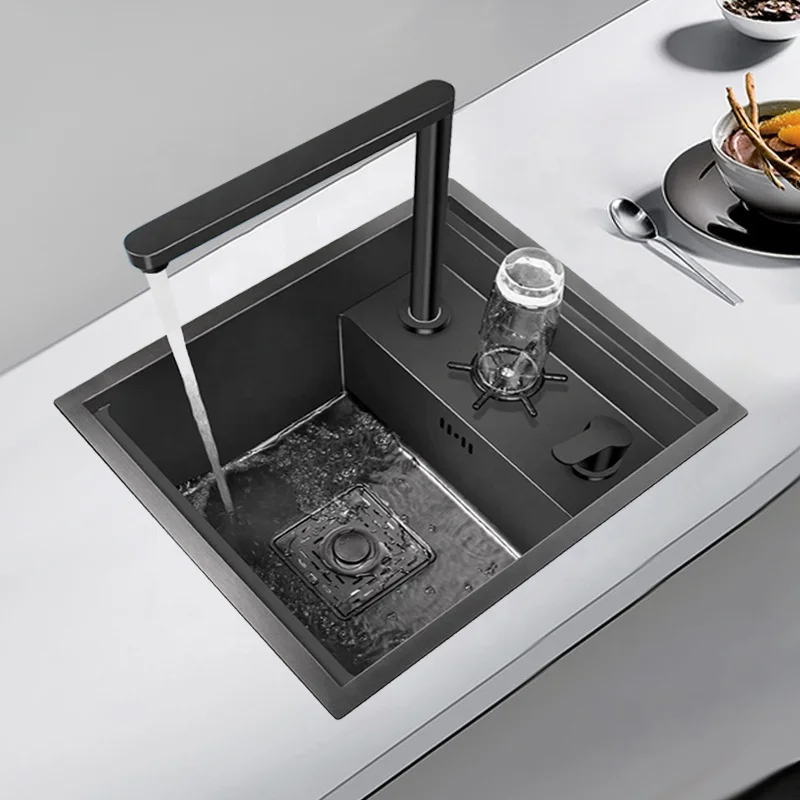 Black Stainless Steel Hidden Kitchen Sink Handmade Portable Sink Small Size Concealed Balcony Sink with Faucet Cup Washer