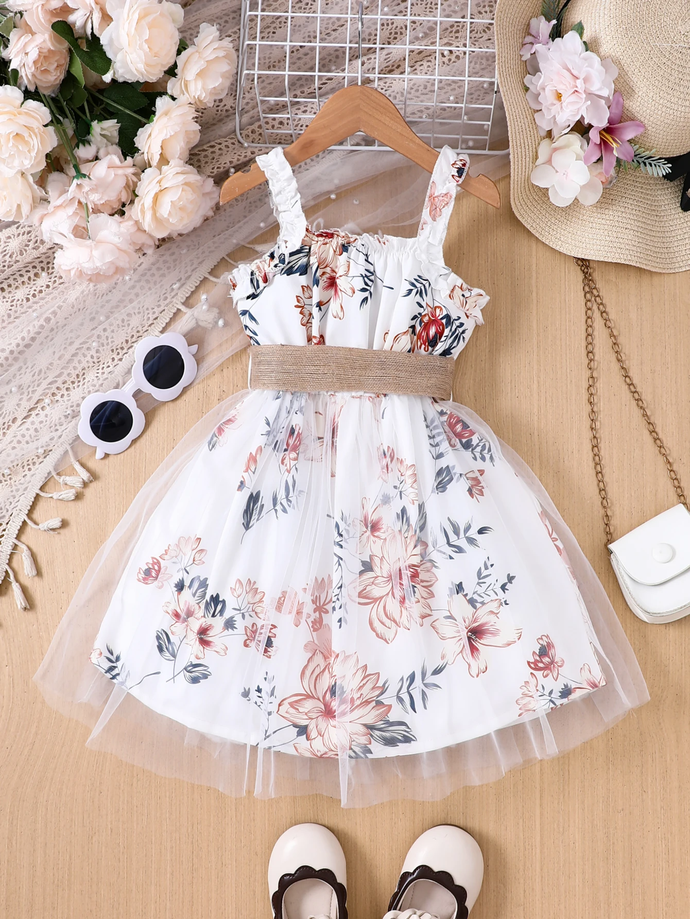 Girls' Spring and Summer Casual Fashion Woven Suspender Floral Print Mesh Dress with Belt