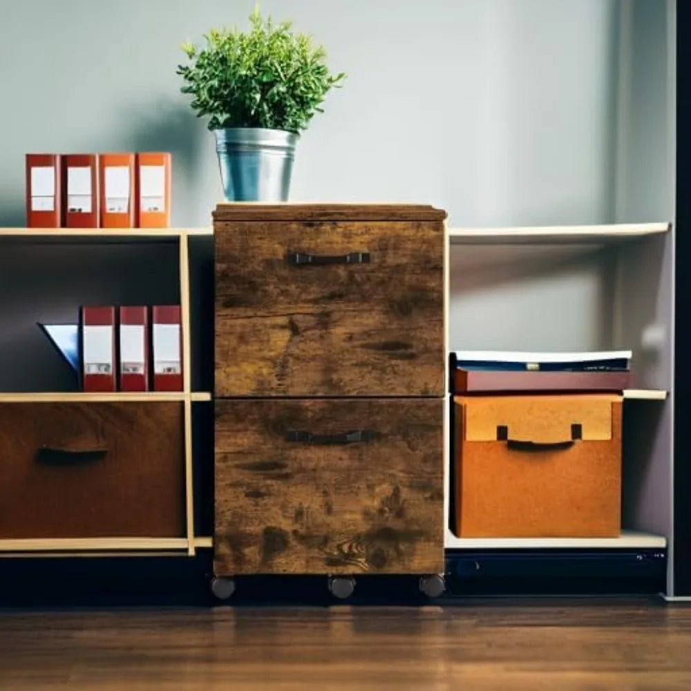 Archivador rodante de 2 cajones para oficina en casa, soporte para impresora, documentos tamaño carta A4, marrón rústico negro