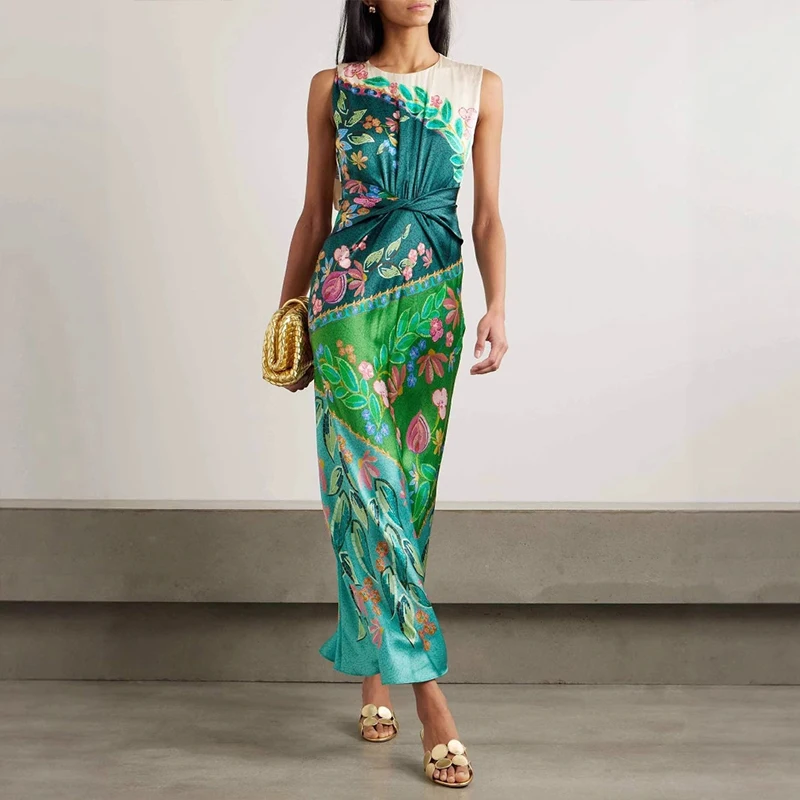 우아한 O넥 슬리브리스 휴가 드레스 2025 여성 패션 패턴 프린트 허리 파티 드레스 캐주얼 트위스트 새틴 보헤 롱 드레스