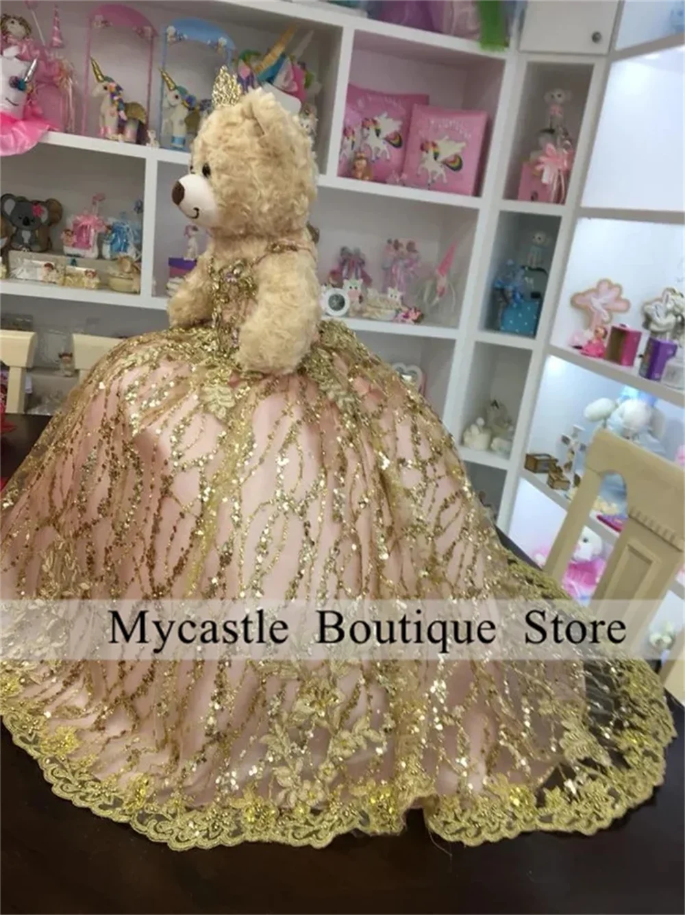 Vestido de oso de peluche de quinceañera personalizado, Apliques de encaje de oro rosa, cuentas, vestido de lujo, ropa de fiesta de Halloween