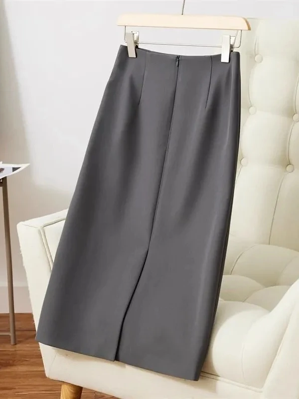 High Waist Tailored Fabric Skirt Asymmetrical Hem Simple Straight Cut Midi Skirt for Women Mid-Year Summer Season Zipper Design