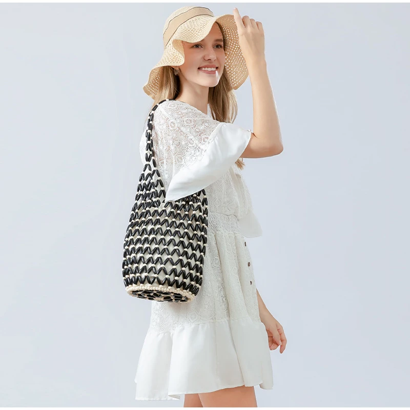 Holz Perle Gewebte Tasche Neue Design Marke frauen Hohl Perlen Meer Reise Vielseitige hand Schulter Unterarm Eimer Tasche – Detail 7