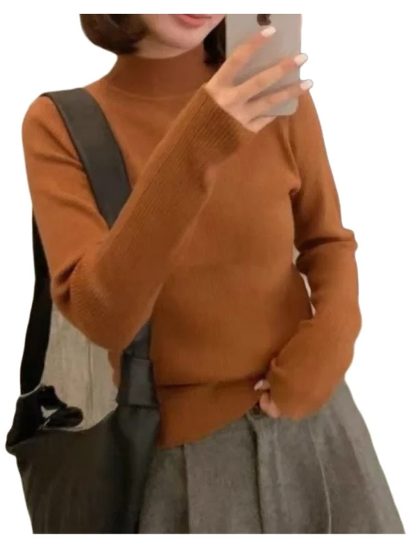 Prosty sweter damski z dzianiny, z wysokim kołnierzem, termiczny, dopasowany, ciepły, z okrągłym dekoltem, mały rozmiar, idealny do pracy, długi rękaw, podstawowy kolor.