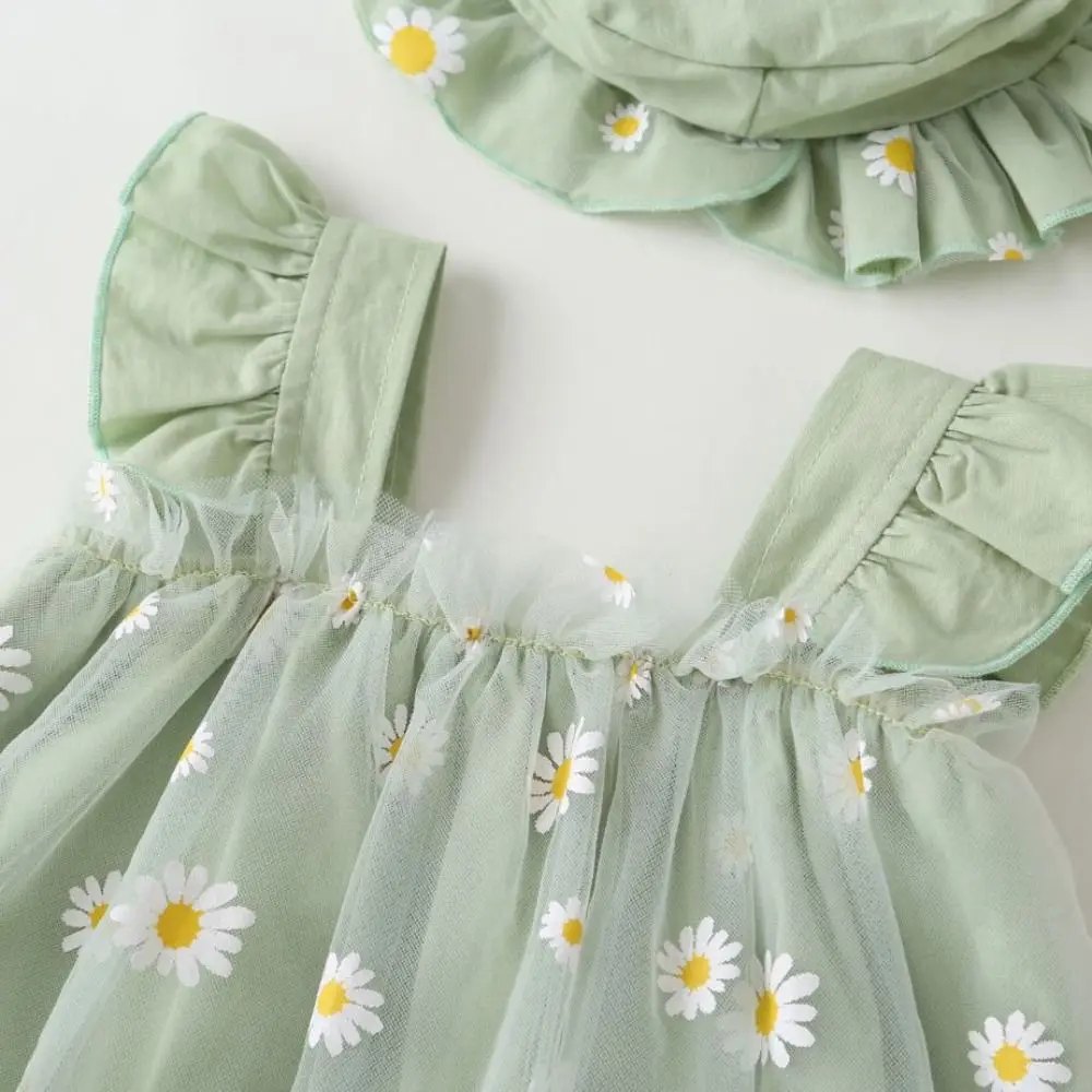 Mesh Flower Baby Princess Dress with Hat Loose Sweet Thin Baby Climbing Suit Sleeveless Infant Romper Toddle Jumpsuits Summer