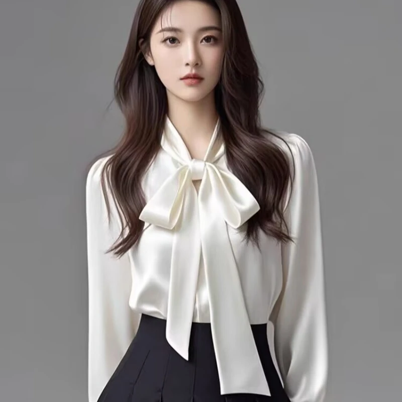 

Vintage Women's Blouses Solid Color Korean Style Shirts Loose Summer Casual Clothing Long Sleeved Chiffon Bow Women Tops
