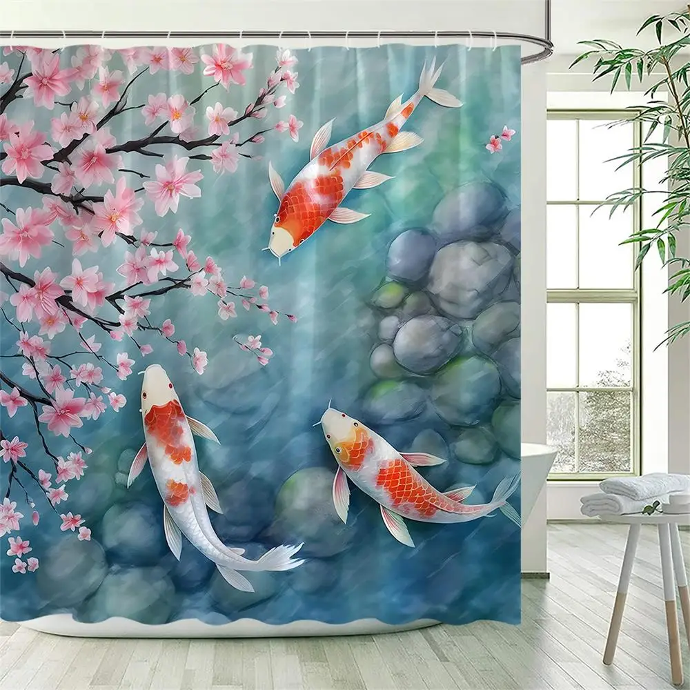 Pink Floral Carp Shower Curtains Watercolour Cherry Blossom Flowers Koi Fish Polyester Fabric Bathroom Curtain Decor with Hooks