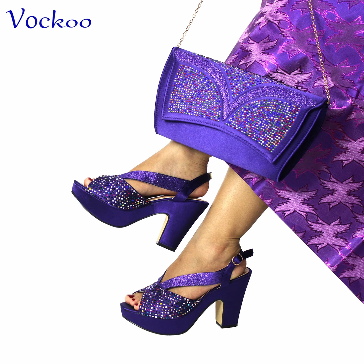 2024 Spring New Coming Italian Design Wedges Heels Shoes Matching Bag Set in Purple Color with Platform Comfortable Sandals