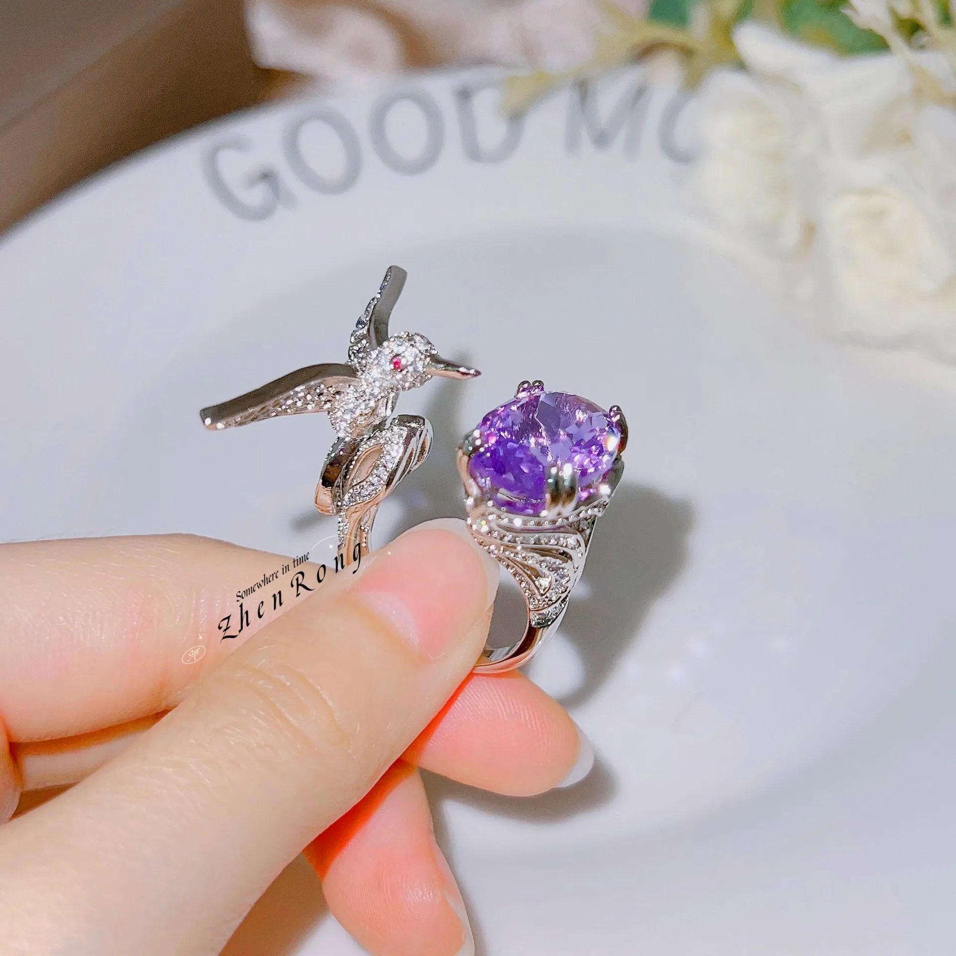 S925 Sterling Silver Open Ring with Aquamarine Hummingbird and Crystal Colored Gem Elegant Jewelry Gift for Women and Teen Girls