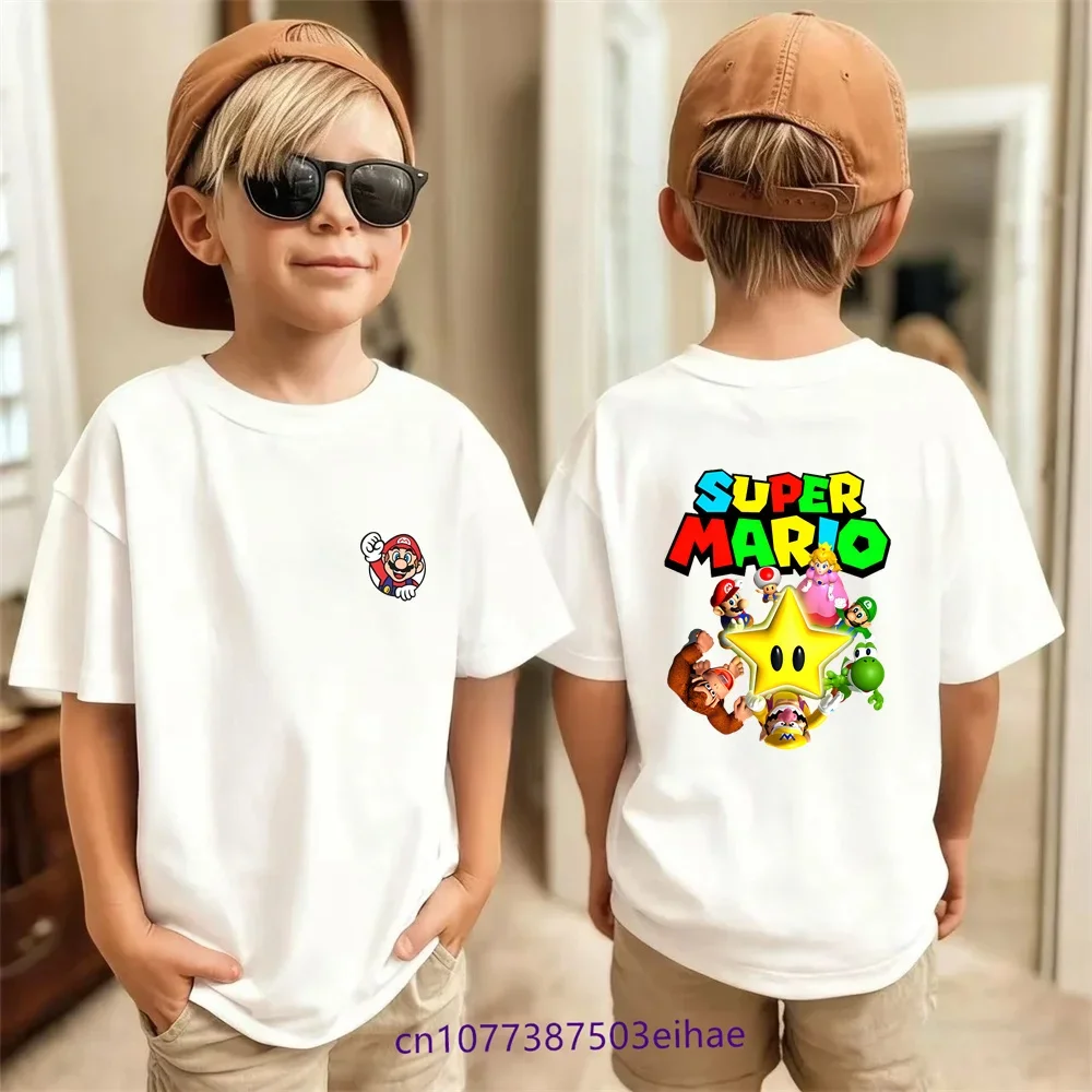 

Детская футболка Super Mario Bros с круглым воротником и короткими рукавами, белая, черная, летняя футболка с рисунком аниме для детей