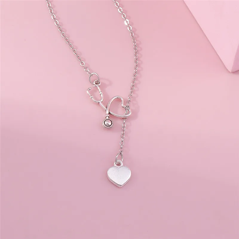 Aihua Trendy New Fashion Stethoscope Necklace Lariat Heart Pendant Silver Color Nurse Medical Necklace Collares
