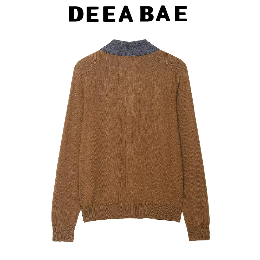 DEEABAE 2025 Autumn New Product Sweet Loose POLO Collar Diamond Pattern Long Sleeve Flip Collar Knitted Sweater
