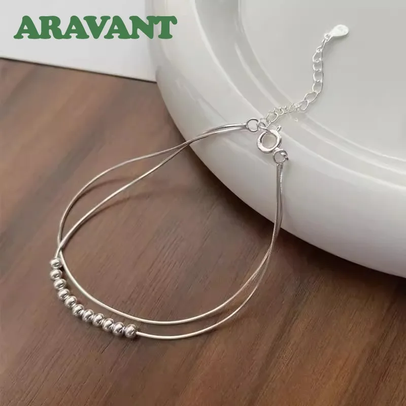 ARAVANT 925 Silver Double Layers Bead Snake Chains Bracelets For Women Fashion Jewelry Gifts