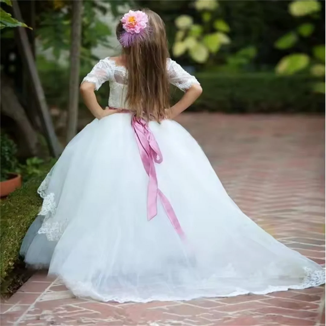 Flower Girls Dress White For Wedding Dresses With Red Belt Sash Half Sleeves Lace Tulle Glitz First Communion Pageant