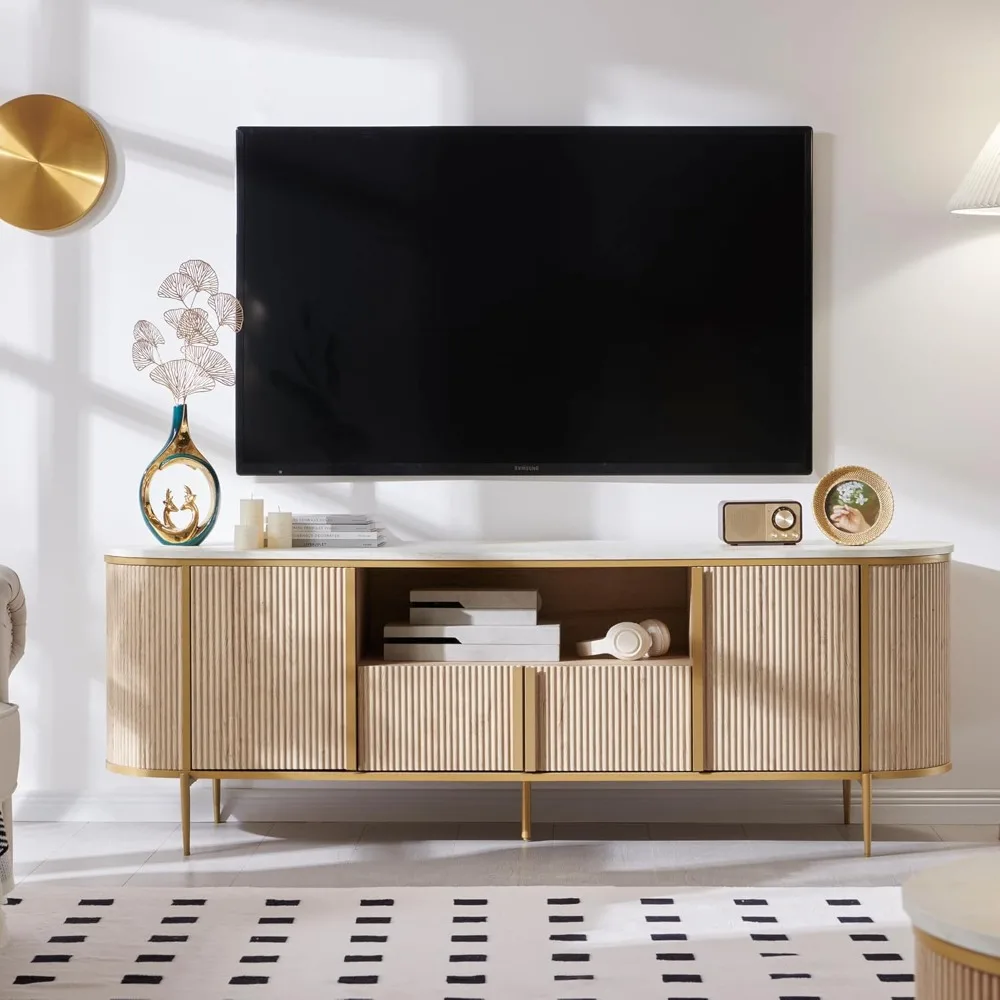 

Luxury 70" Fluted TV Stand, Modern Chic Entertainment Center for TVs Up to 80 inches, TV Console with Faux Marble Top