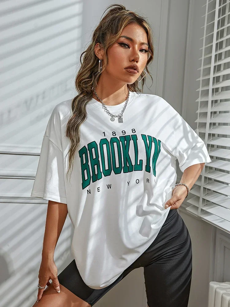 New Vintage Oversized Tshirt 1898 Brooklyn Print York Letter Drop Shoulder Priting Women T-Shirt Simple Clothes Female T Shirt