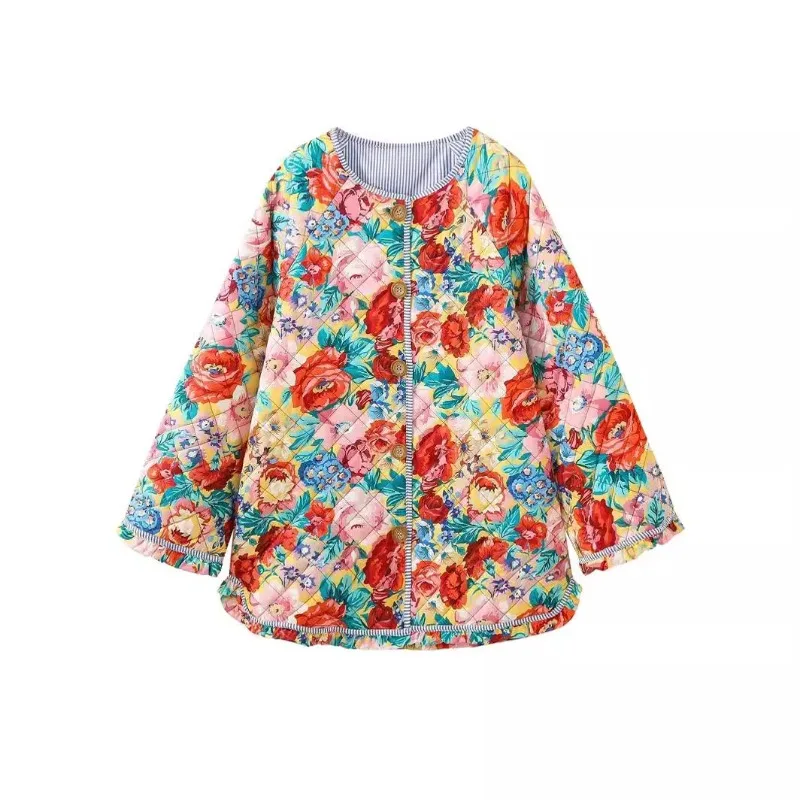 Autunno Nuovo Prodotto Moda Donna Versatile Girocollo Striscia Impiombata Stampa Cappotto in cotone trapuntato retrò Cappotto invernale da donna