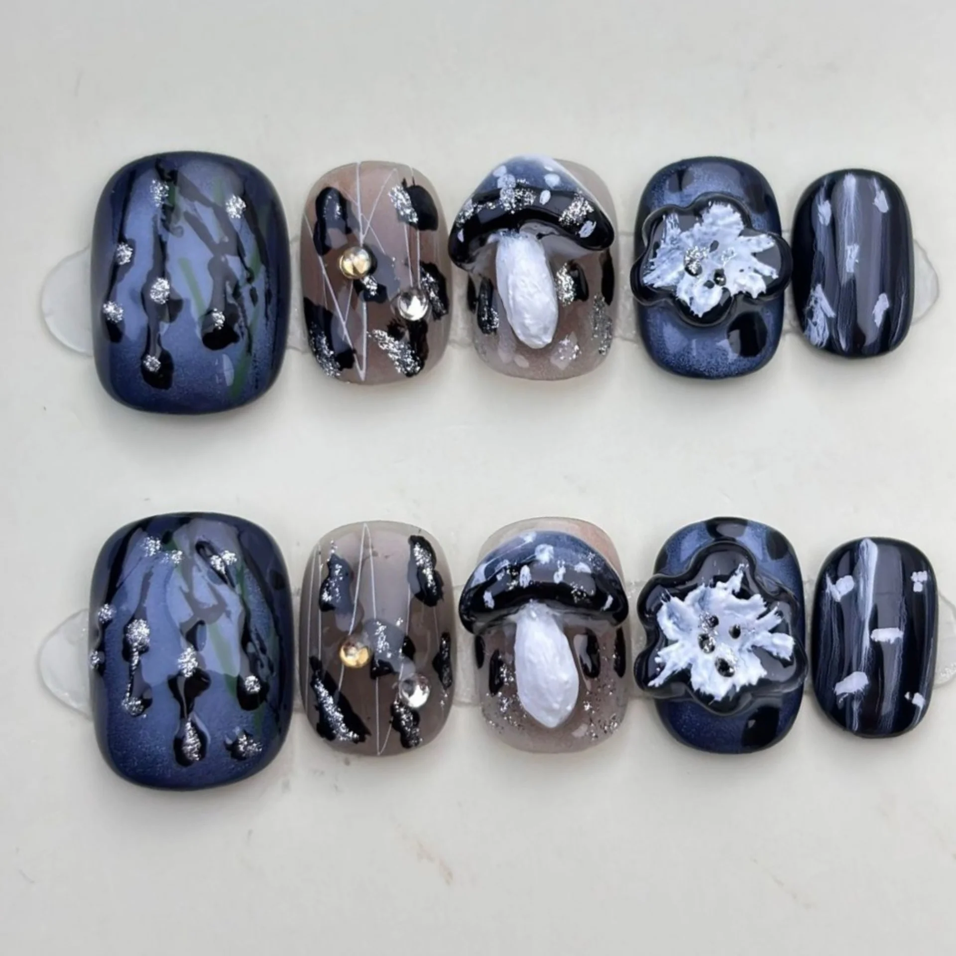 10st handgemaakte kunstnagels kunst kleurrijk kort vierkant rond druk op nagels tip verguld bloem glitter patroon nep nagel kunst afgewerkt